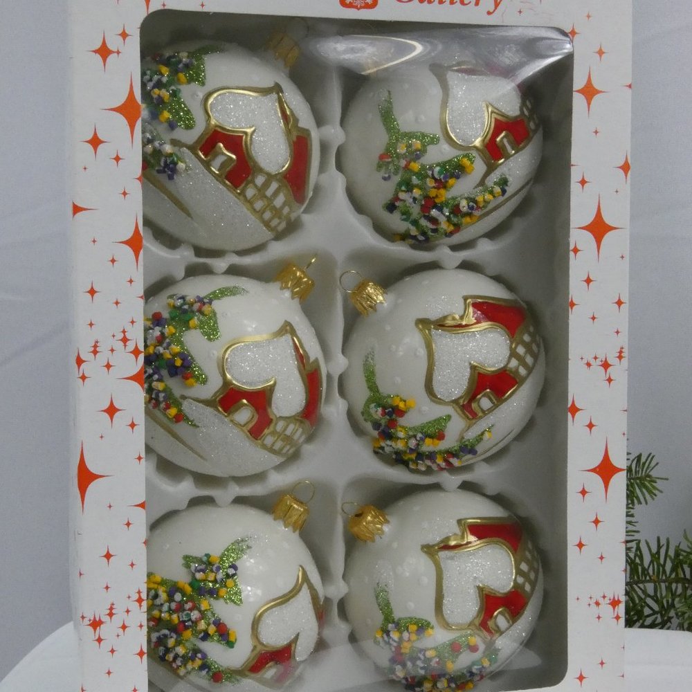 Winter Village Hand Decorated Christmas Ornament 3" Blown Glass Ball**SET OF 6**